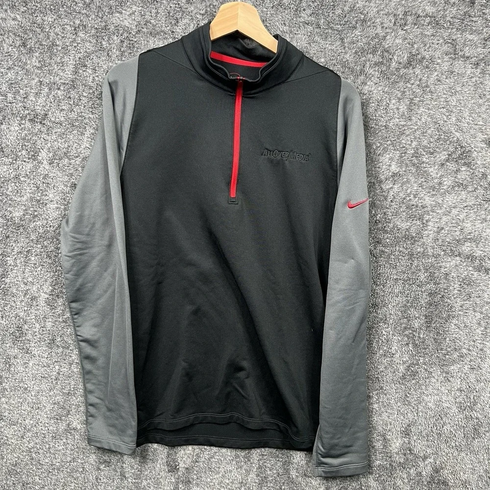 Nike Golf Cover-Up Pullover Shirt Men Medium Black Red Dri-Fit 1/4-Zip Mock Neck